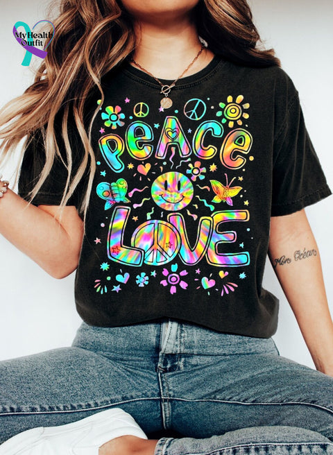 Colorful Peace Love Print T-Shirt Black / S