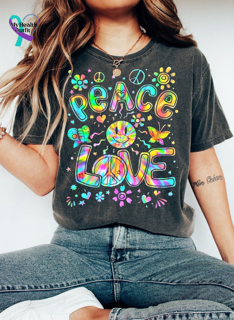 Colorful Peace Love Print T-Shirt Grey / S
