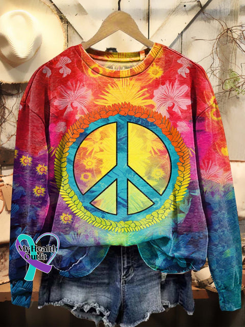 Colorful Psychedelic Peace Sign Art Print Casual Hoodie Sweatshirt Multicolor / S