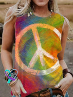 Colorful Rainbow Peace Sign Print 100% Cotton Casual Tank Top Multicolor / S