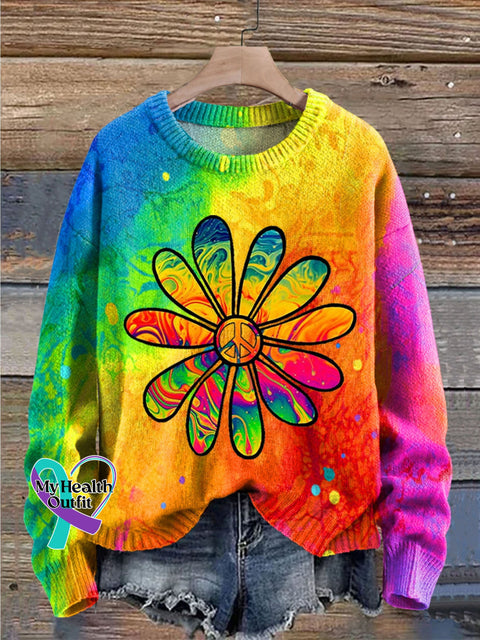 Colorful Tie-Dye Hippie Daisy Print Knit Pullover Sweater Multicolor / S