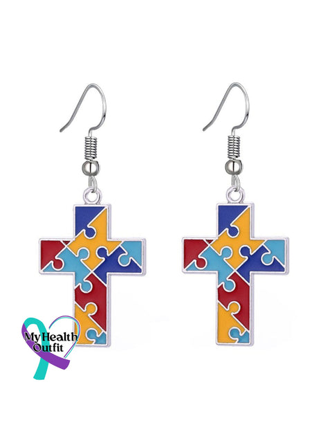 Contrasting Color Irregular Puzzle Autism Awareness Earrings Cross / Onesize