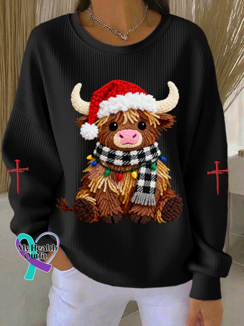 Cow Calf Christmas Print Casual Sweatshirt Black / S