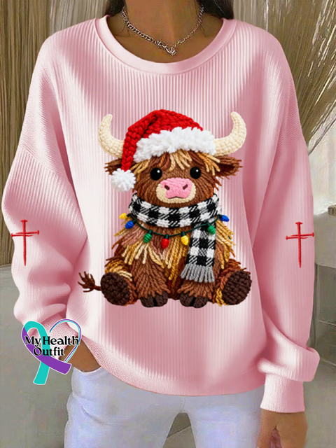 Cow Calf Christmas Print Casual Sweatshirt Pink / S