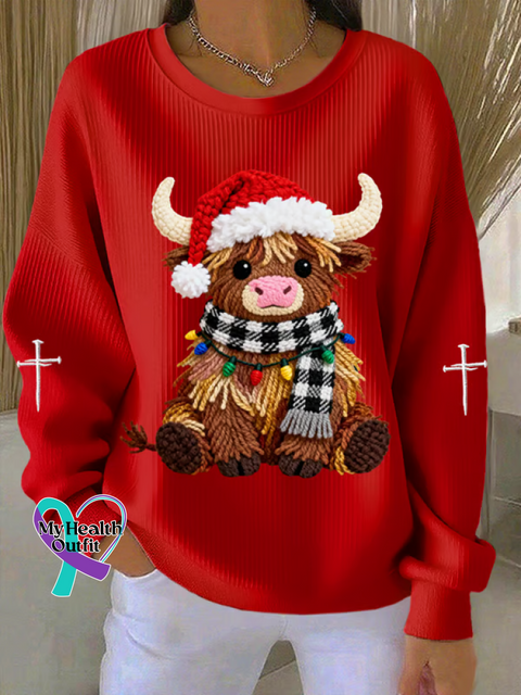 Cow Calf Christmas Print Casual Sweatshirt Red / S