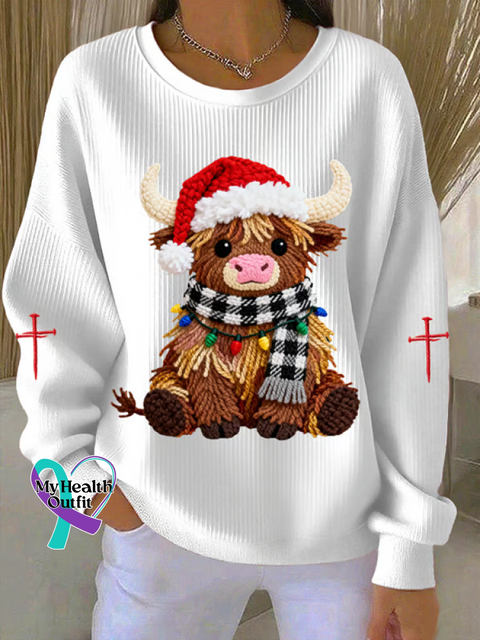 Cow Calf Christmas Print Casual Sweatshirt White / S