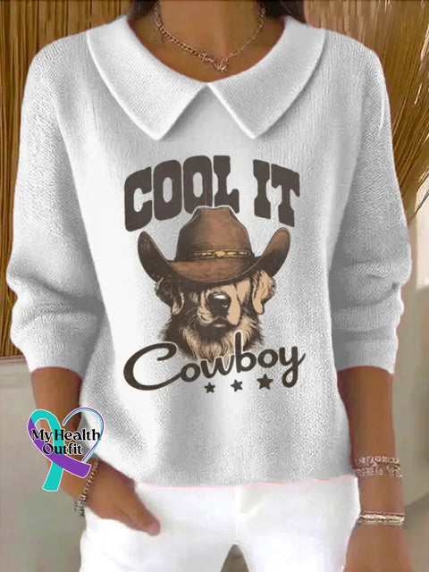 Cowboy Art Print Casual Peter Pan Collar 3/4 Sleeve Sweat White / S