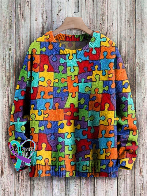Crayon Puzzle Pieces Art Print Knit Pullover Sweater As Picture / S