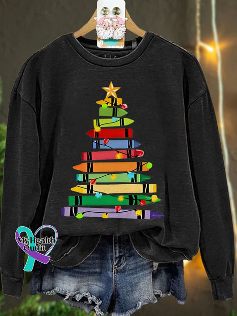 Crayons Tree Colored Lights Teacher Christmas Casual Sweatshirt Black / S