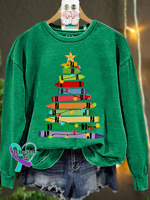Crayons Tree Colored Lights Teacher Christmas Casual Sweatshirt Green / S