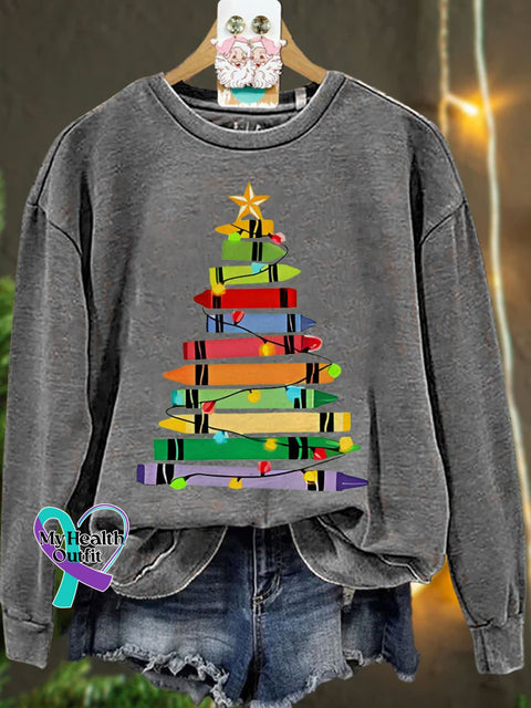 Crayons Tree Colored Lights Teacher Christmas Casual Sweatshirt Grey / S