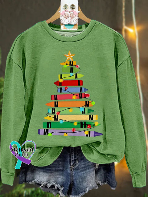 Crayons Tree Colored Lights Teacher Christmas Casual Sweatshirt Lightgreen / S
