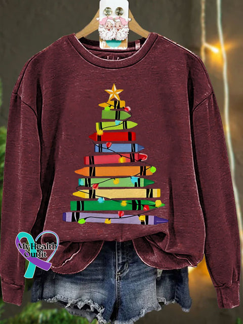Crayons Tree Colored Lights Teacher Christmas Casual Sweatshirt Maroon / S