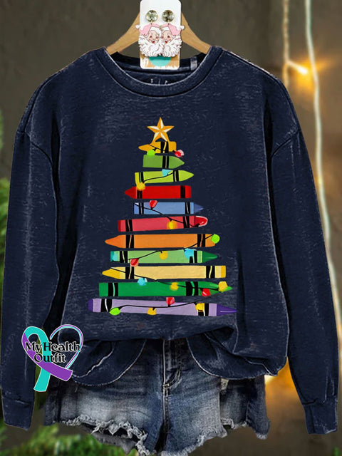 Crayons Tree Colored Lights Teacher Christmas Casual Sweatshirt Navyblue / S