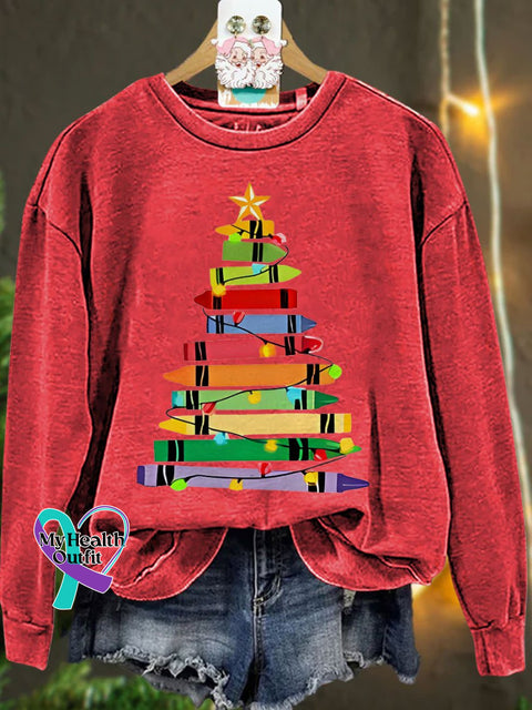 Crayons Tree Colored Lights Teacher Christmas Casual Sweatshirt Red / S