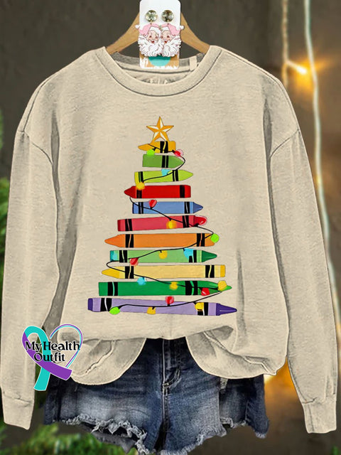 Crayons Tree Colored Lights Teacher Christmas Casual Sweatshirt Sand / S