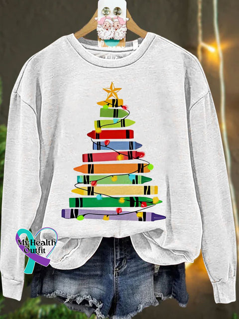 Crayons Tree Colored Lights Teacher Christmas Casual Sweatshirt White / S