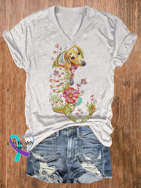 Creative Art Floral Dog Print Casual V-neck Short Sleeve T-shirt Multicolor / S