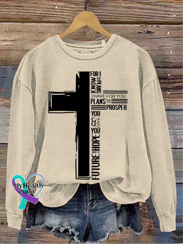 Cross Art Vintage Print Casual Sweatshirt Apricot / S