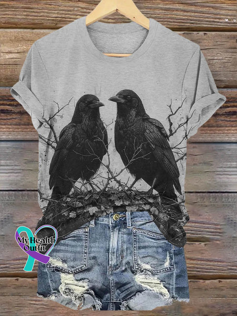 Crow Spooky Season Halloween Art Print T-Shirt Grey / S