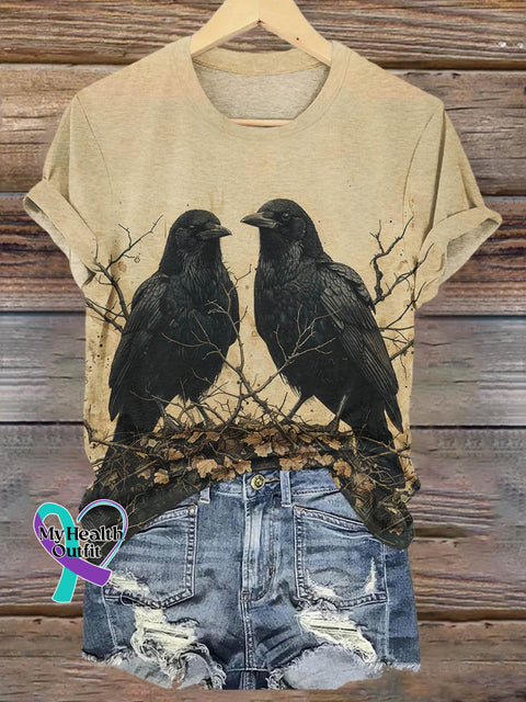 Crow Spooky Season Halloween Art Print T-Shirt Sand / S
