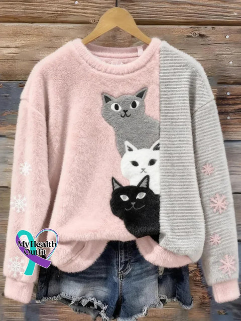 Cute And Fun Cat Pattern Warm Crew Neck Sweater Multicolor / S