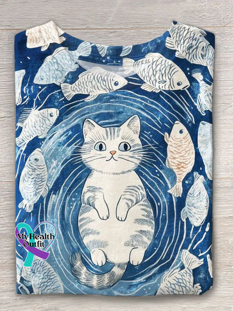 Cute Cat Art Casual T-Shirt Blue / S