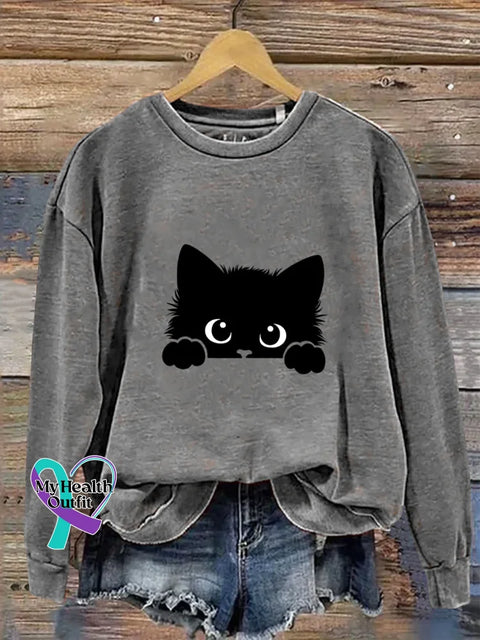 Cute Cat Art Print Casual Sweatshirt Grey / S