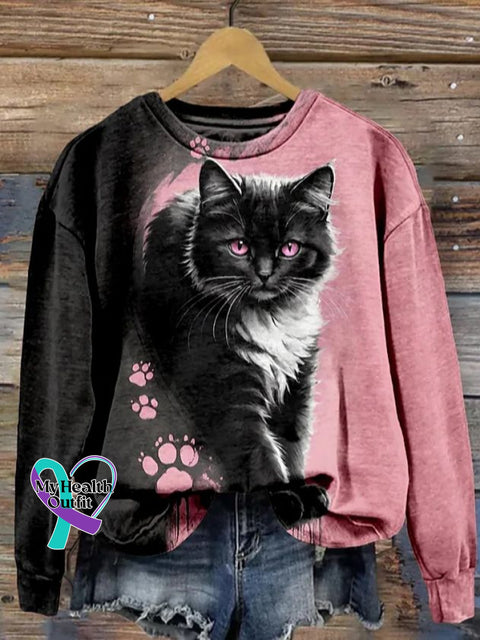 Cute Cat Art Print Casual Sweatshirt Multicolor / S