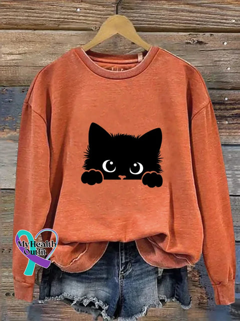 Cute Cat Art Print Casual Sweatshirt Orange / S