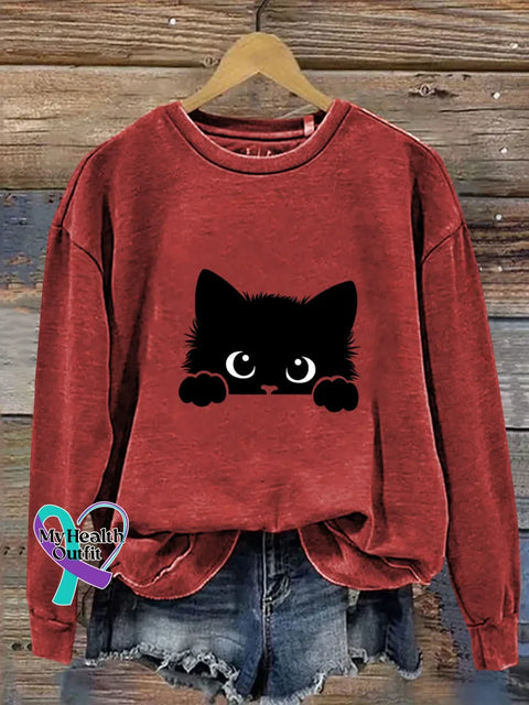 Cute Cat Art Print Casual Sweatshirt Red / S