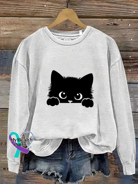 Cute Cat Art Print Casual Sweatshirt White / S