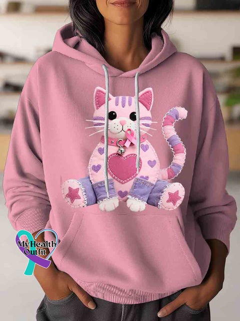 Cute Cat Breast Cancer Awareness Art Casual Hoodie Sweatshirt LightPink / S
