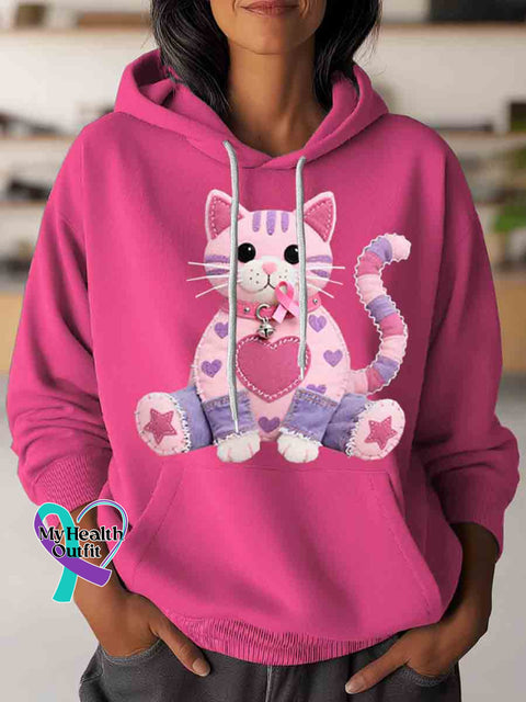 Cute Cat Breast Cancer Awareness Art Casual Hoodie Sweatshirt Pink / S