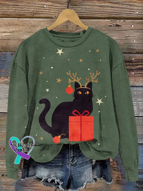 Cute Cat Christmas Art Print Casual Sweatshirt Green / S
