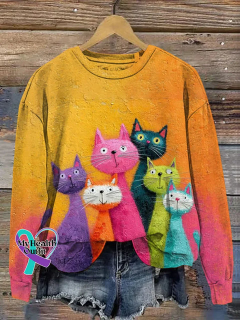 Cute Cat Christmas Art Print Casual Sweatshirt Multicolor / S
