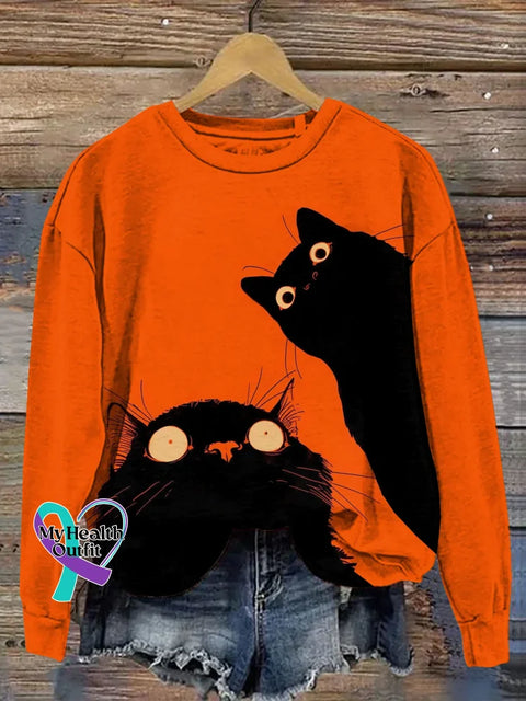 Cute Cat Christmas Art Print Casual Sweatshirt Orange / S