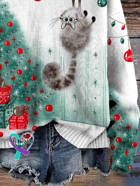 Cute Cat Christmas Art Print Knit Pullover Sweater