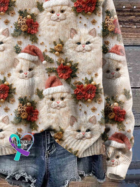 Cute Cat Christmas Art Print Knit Pullover Sweater