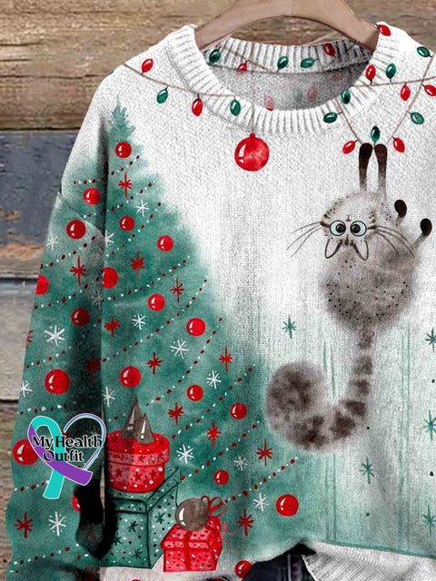 Cute Cat Christmas Art Print Knit Pullover Sweater