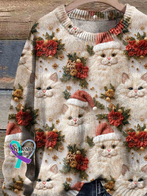 Cute Cat Christmas Art Print Knit Pullover Sweater