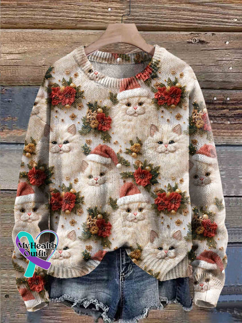 Cute Cat Christmas Art Print Knit Pullover Sweater Multicolor / S
