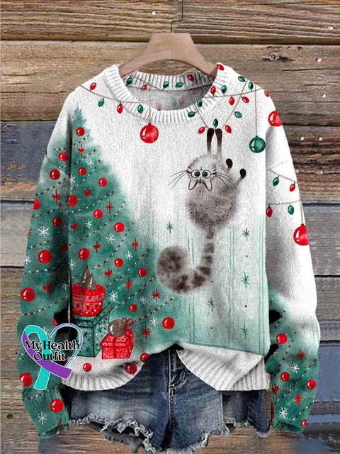 Cute Cat Christmas Art Print Knit Pullover Sweater Multicolor / S