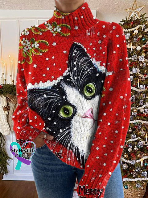 Cute Cat Christmas Print Knit Turtleneck Pullover Sweater Multicolor / S