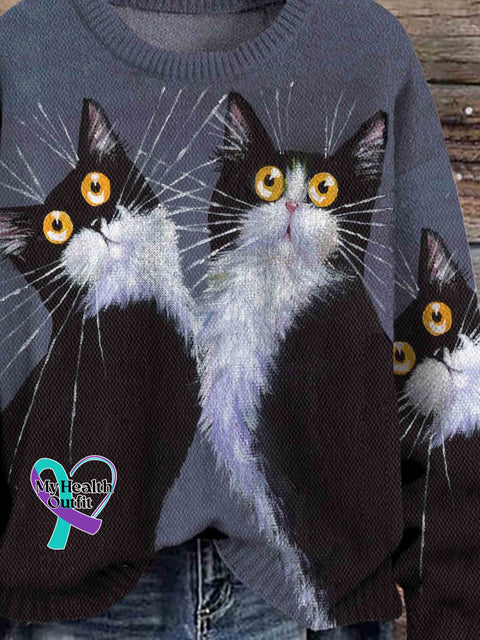 Cute Cat Print Knit Pullover Sweater