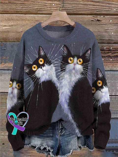 Cute Cat Print Knit Pullover Sweater Multicolor / S