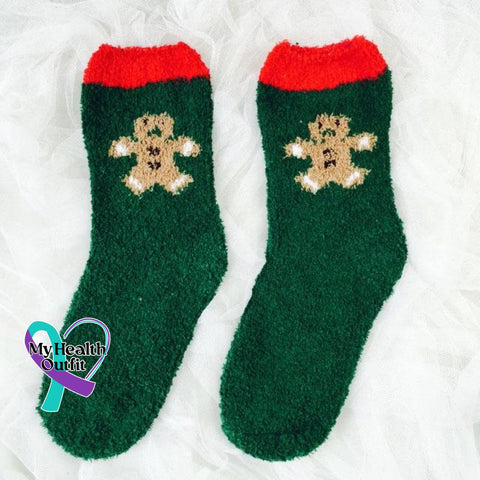 Cute Cozy Soft Christmas Socks Green Gingerbread Man / One-Size