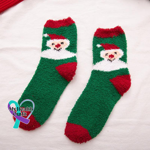 Cute Cozy Soft Christmas Socks Green Santa / One-Size