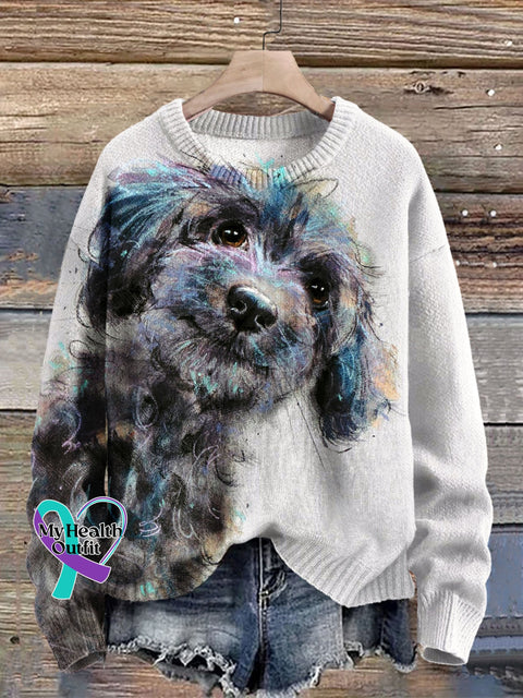 Cute Dog Art Print Knit Pullover Sweater Multicolor / S