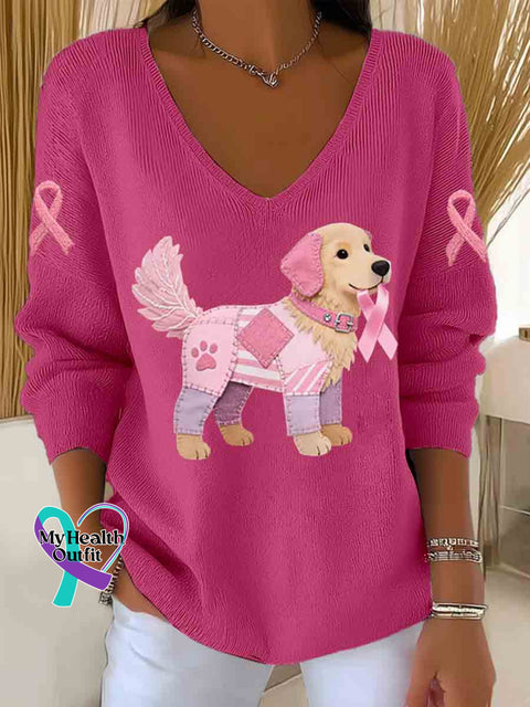 Cute Dog Breast Cancer Awareness Art Casual Pullover Sweater Pink / S